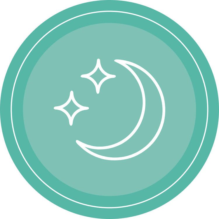 Spiritual wellness round icon, with a teal background and moon and stars graphic in the center